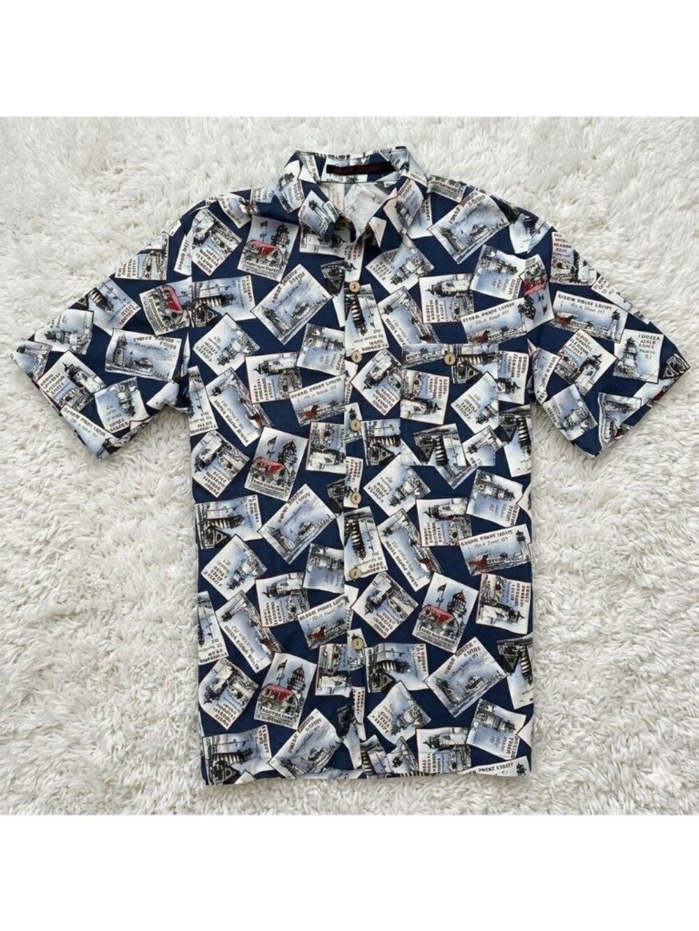 Lighthouse New England Alan Stuart Print Shirt (Medium) Mens AOP Maine, Rhode Is
